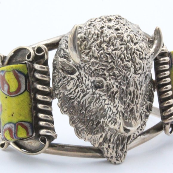 Rare! Gary Edwards Navajo Sterling Silver Trade Beads Buffalo Head Cuff Bracelet - Picture 2 of 11
